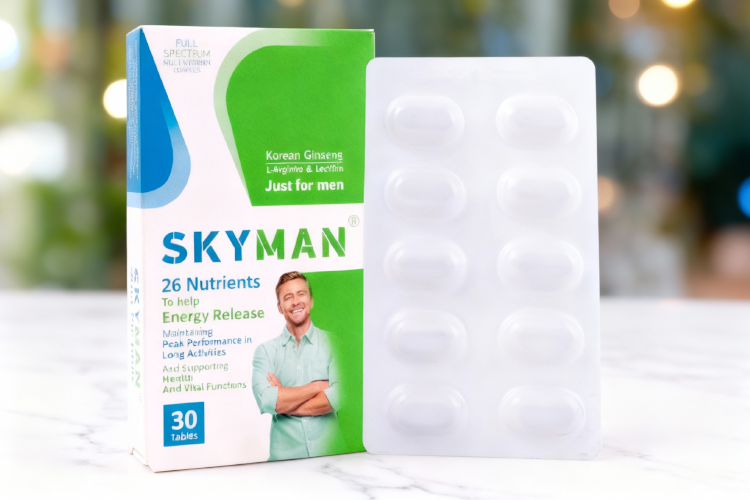 تصویر قرص اسکای من روی سطح مرمر سفید برای سلامت آقایان